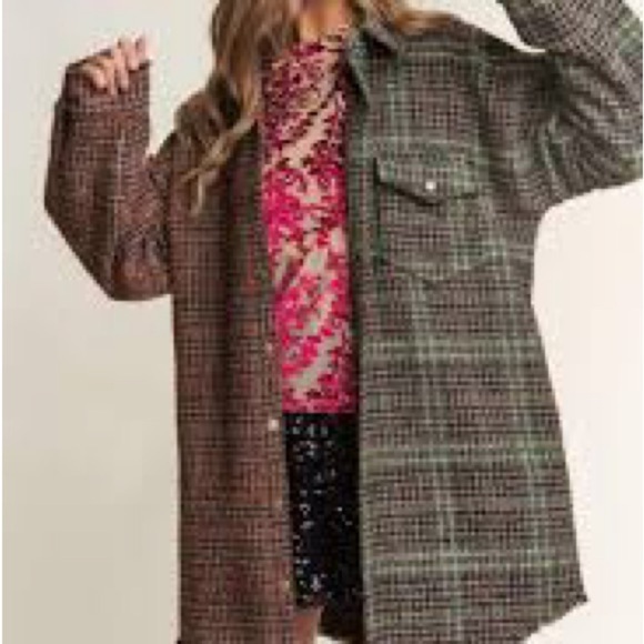 J.NNA Snap Down Tweed Plaid Contrast Longline Shacket - Picture 1 of 8